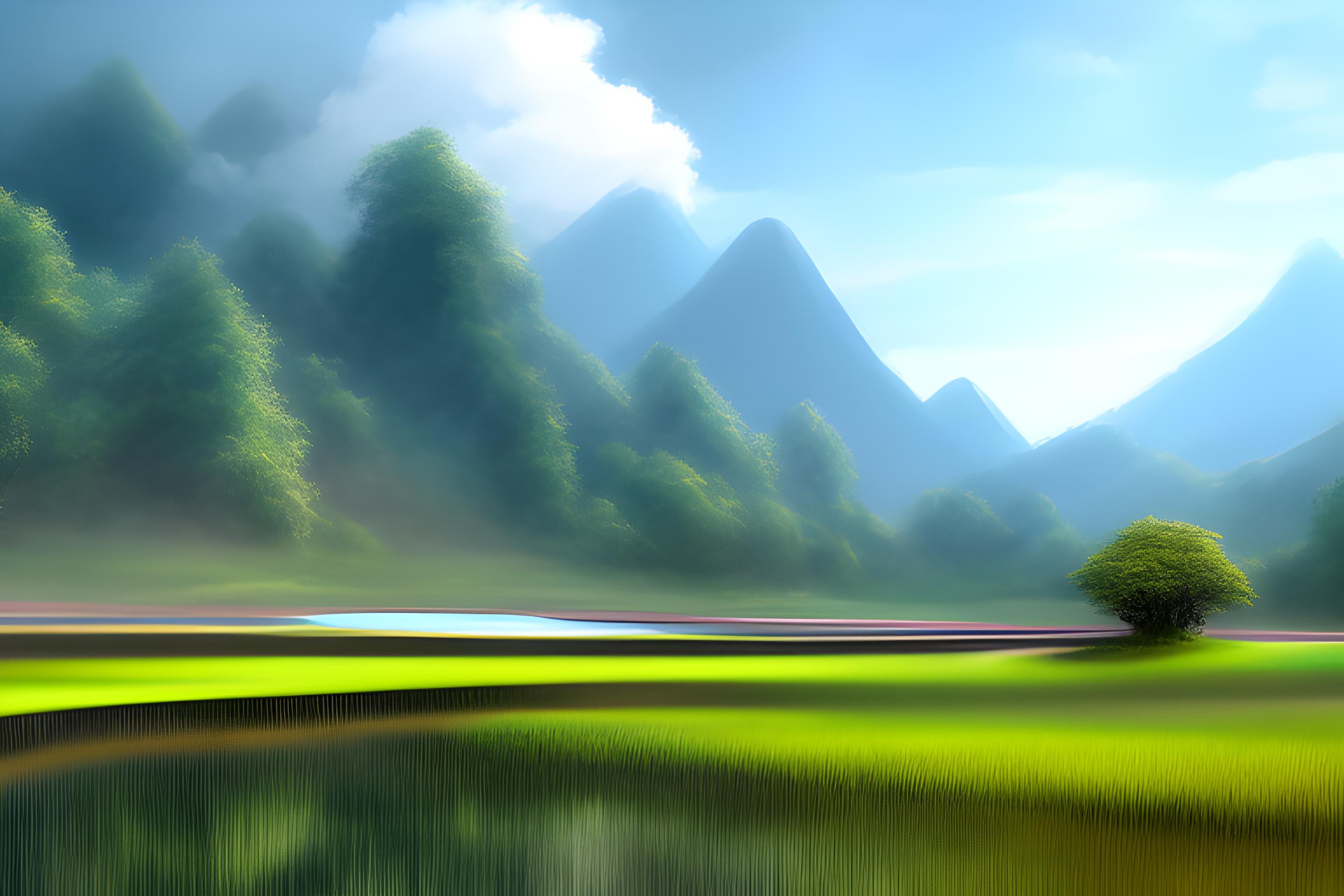 desa dengan pemandangan gunung, sawah, sungai.